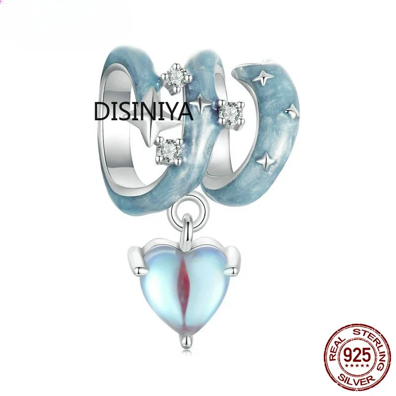 Meteor Star Charm for Charm Bracelet, 925 Sterling Silver Heart Pendant Blue Charm with Skin-Friendly Moonstone