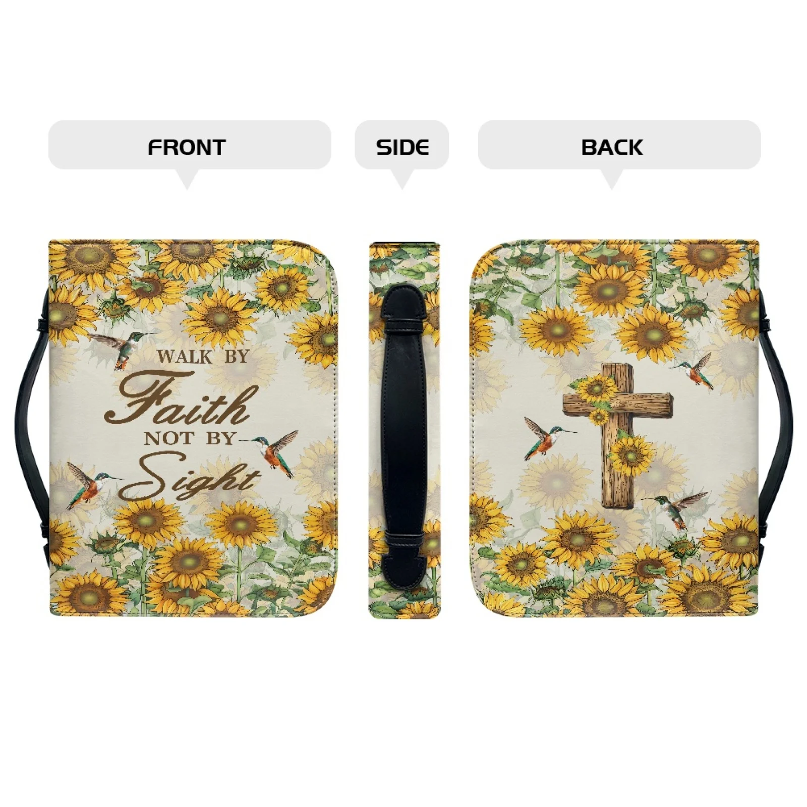 XIXIRIMIDO Sunflower Hummingbird Print 2026 Collection Bible Carrier Tote Bag PU Leather Handle Bible Protective Cover for Men