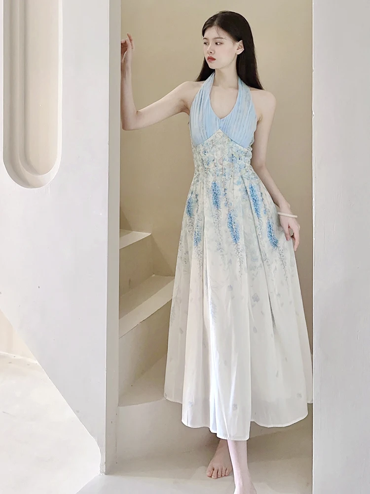 Jmprs 꽃 섹시한 홀터 비치 드레스 여성 우아한 슬림 달콤한 민소매 빈티지 롱 드레스 캐주얼 레트로 메쉬 패치 워크 베스 티드