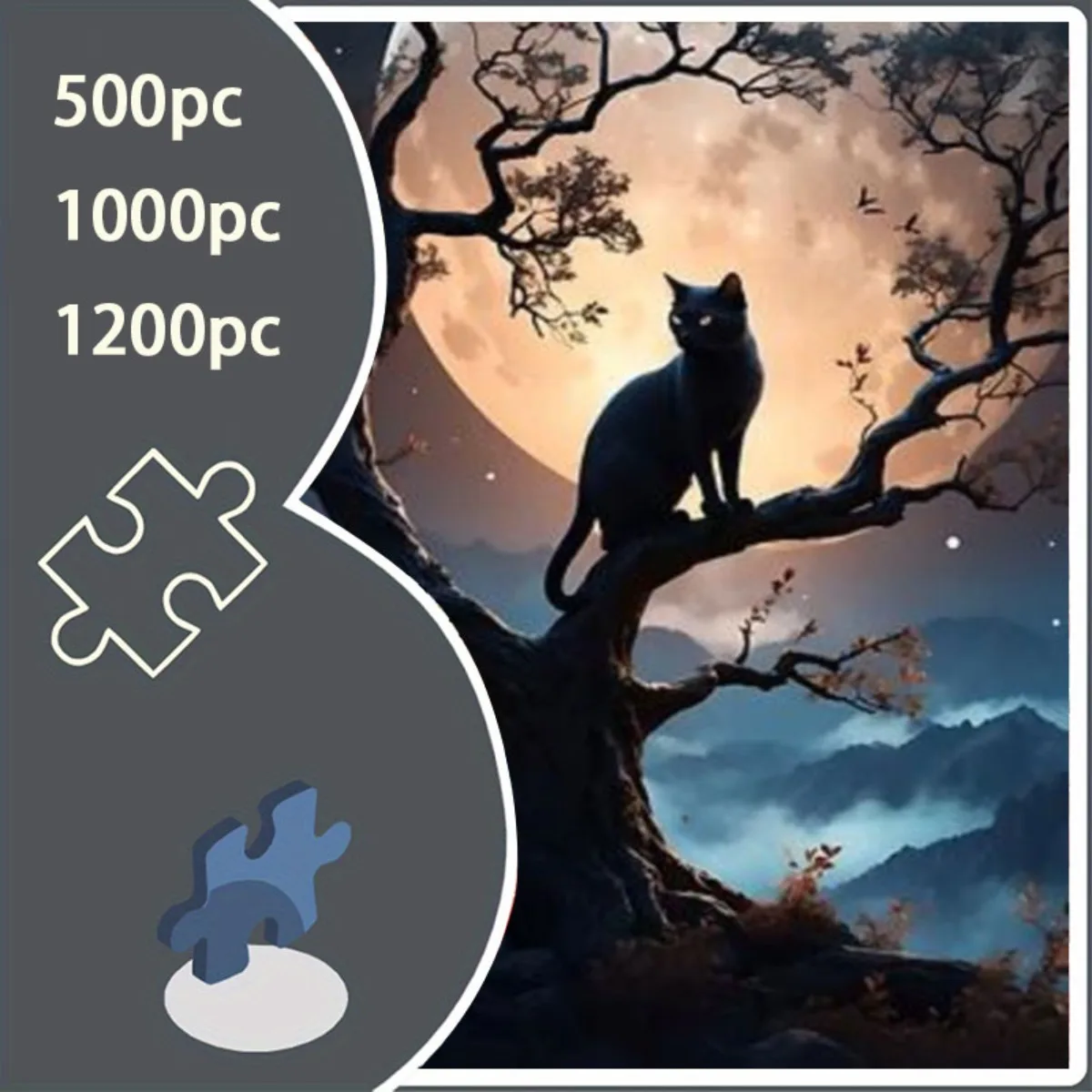

500/1000/1200pcs Jigsaw Puzzle for Adults - Large Black Cat on Tree & Full Moon Night Scene with Mysterious Forest & Black Cat
