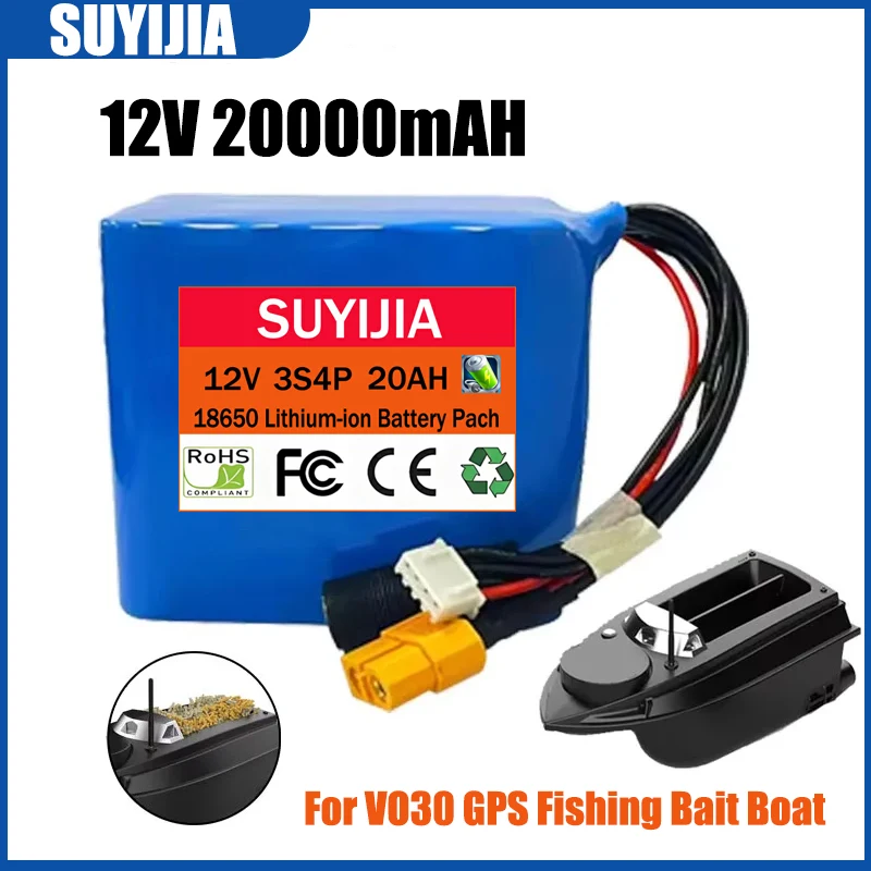 

3S4P 18650 Lithium-Ion Battery 20000mAh 12V with BMS High Power Remote Control Fishing Bait Boat Battery for V030 GPS Bait Boat