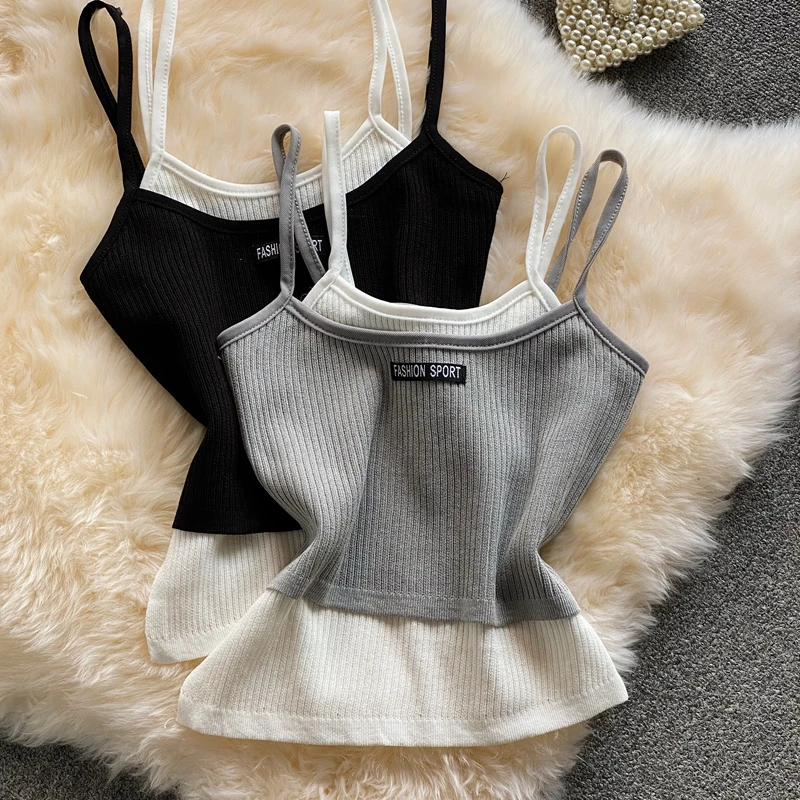 

Boring Honey Retro Fake Two Pieces Women Clothing Shoulder Strap Short Crop Tops Sleeveless Knitted High Elasticity Tank Top