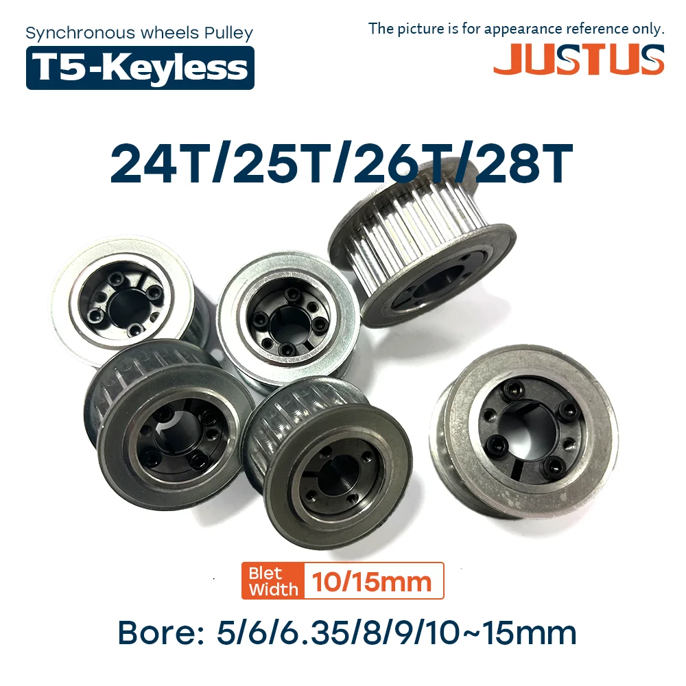 T5 Trapezoidal Tooth 18T/20T/22T/24T/25T/26T/28T Timing Pulley Keyless Bushing Bore 5-15mm Synchronous Wheel Belt Width 10/15mm