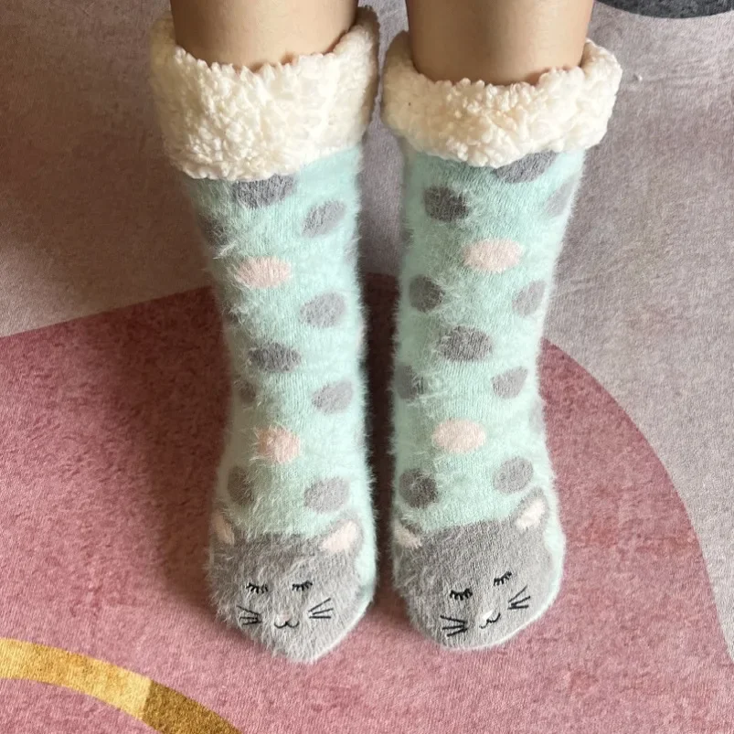 Fluffy Sock Womens Cat Soft Female Winter Warm Thermal Plush Non Slip Grip Fuzzy Slipper Socks sleeping Thick slouch Cute Kawai