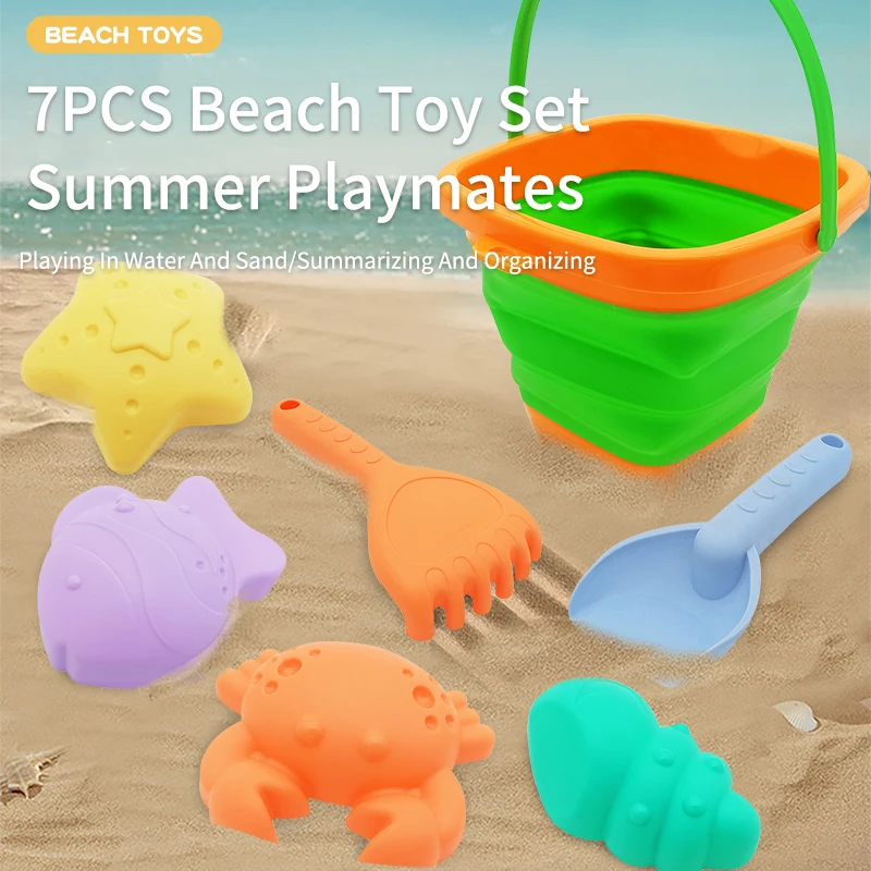 Beach Toys for Kids Sand Toys Set for Toddlers Sandbox Toys with Collapsible Bucket Shovel Rake Set Sand Molds Summer Outdoor