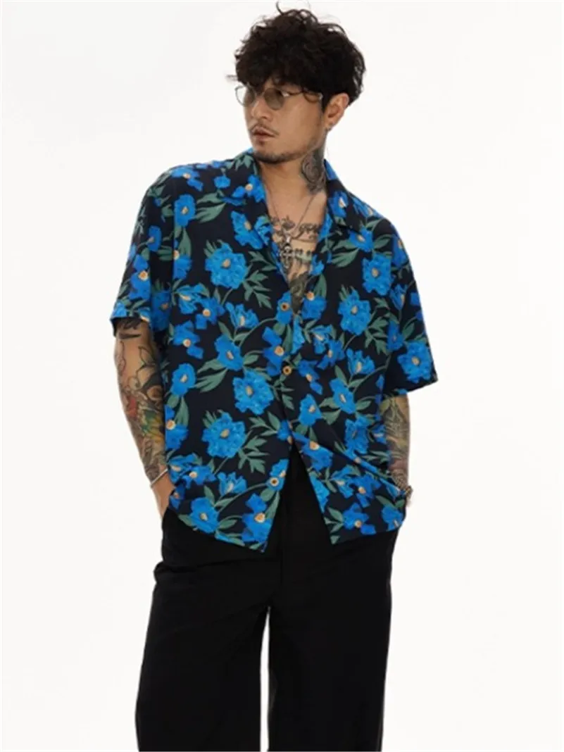 

Летняя мужская одежда, хлопковые рубашки с отложным воротником и синим принтом, с короткими рукавами, большие модные повседневные гавайские рубашки больших размеров