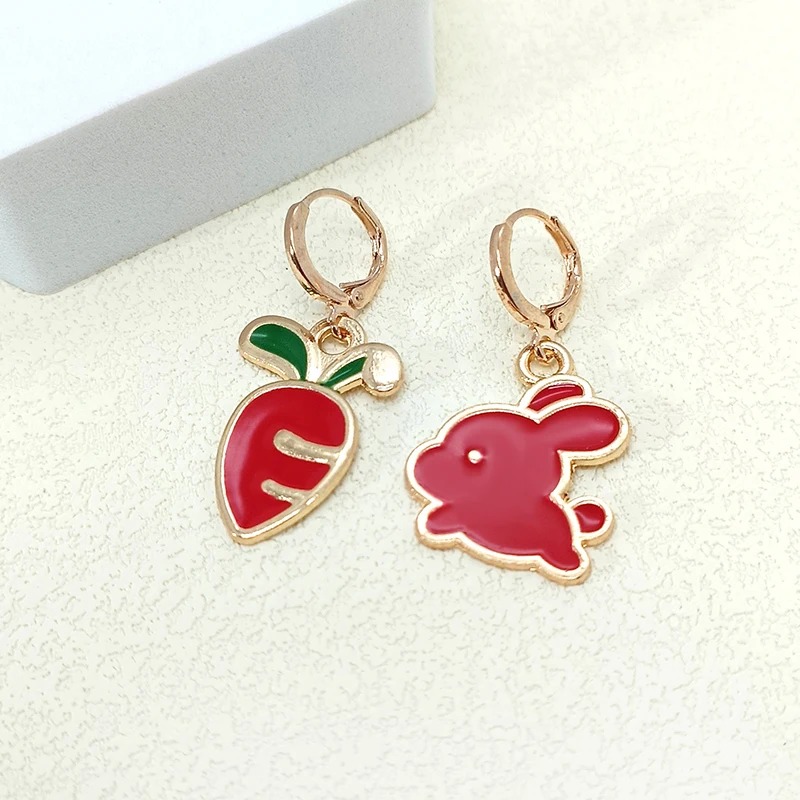 Gold Color Asymmetrical Rabbit Radish Stud Earrings for Women Cute Bunny Earrings for Girls