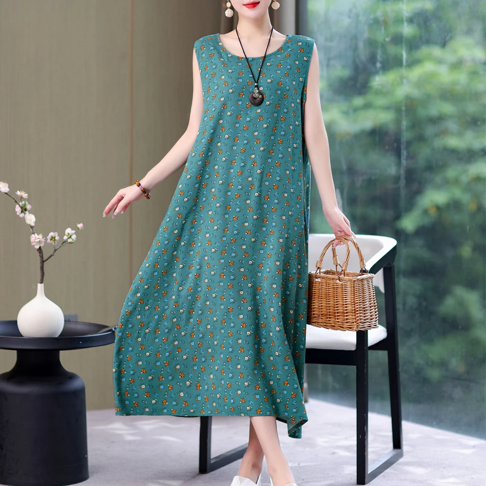 New Casual Vintage Summer Dress Vestido Print Natural Regular Sleeveless O-neck Cotton Dresses Women Clothing Plus Size