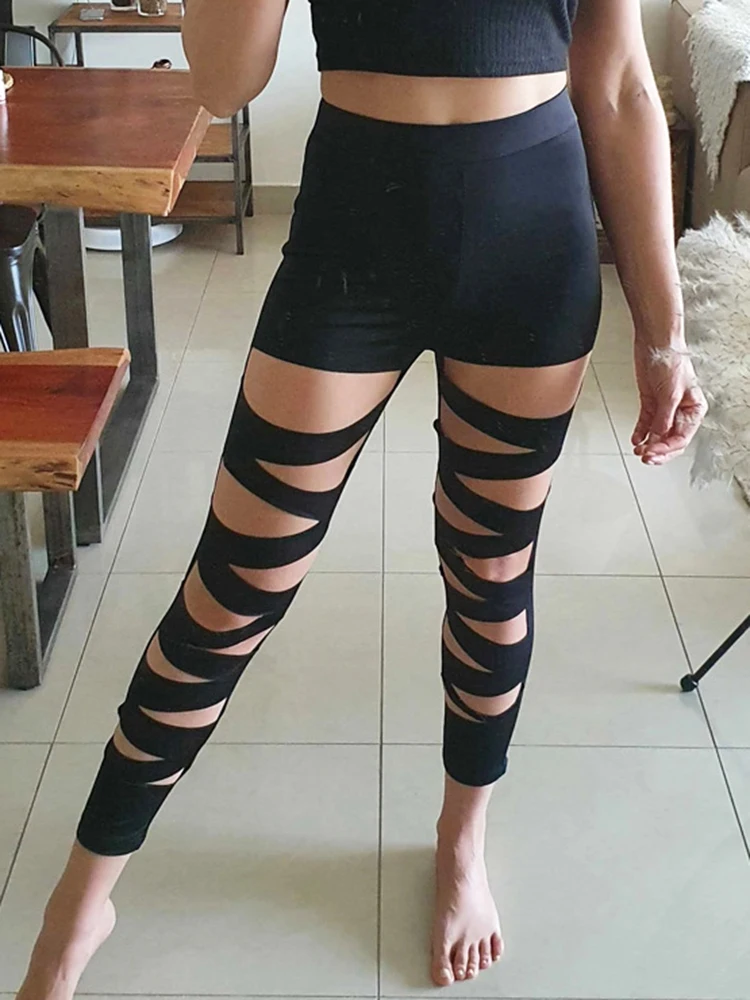 Black Sexy Leggings Women Bandage Yoga Pants Female Trousers Summer High Waist Elastic Cross Gym Sportswear Push Up Leggins