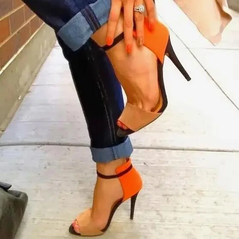 

Rome Orange Suede Ankle Strap Shoes Peep Toe Cut-out Gladiator Heels Ladies Party Sandals Stretch Patchwork Women Pumps