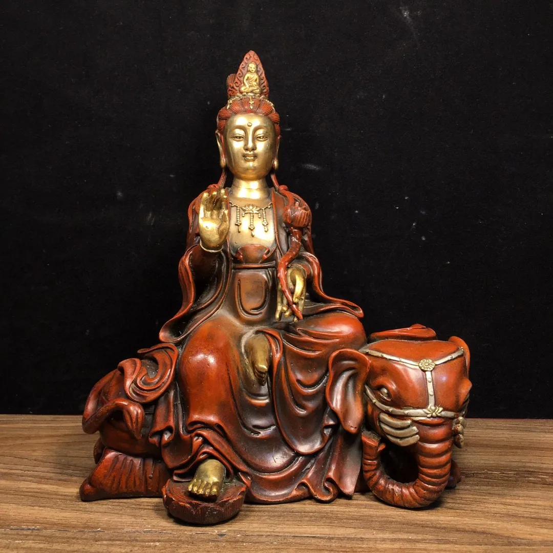 Nepal Tibetan True Old Purple Bronze Buddha Pure Copper Gilt Silver Riding Elephant Puxian Guanyin Bodhisattva Home Buddhist Hal