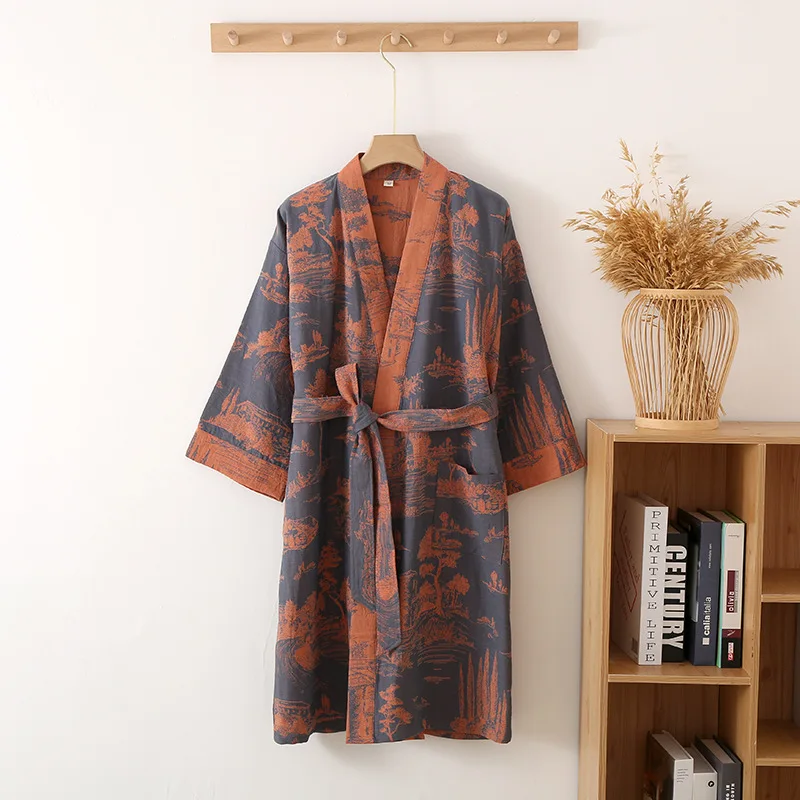 Kimono motif bunga katun murni jubah mandi pria jubah mandi pria lengan panjang musim gugur gaun pakaian dalam malam pria jubah pakaian tidur