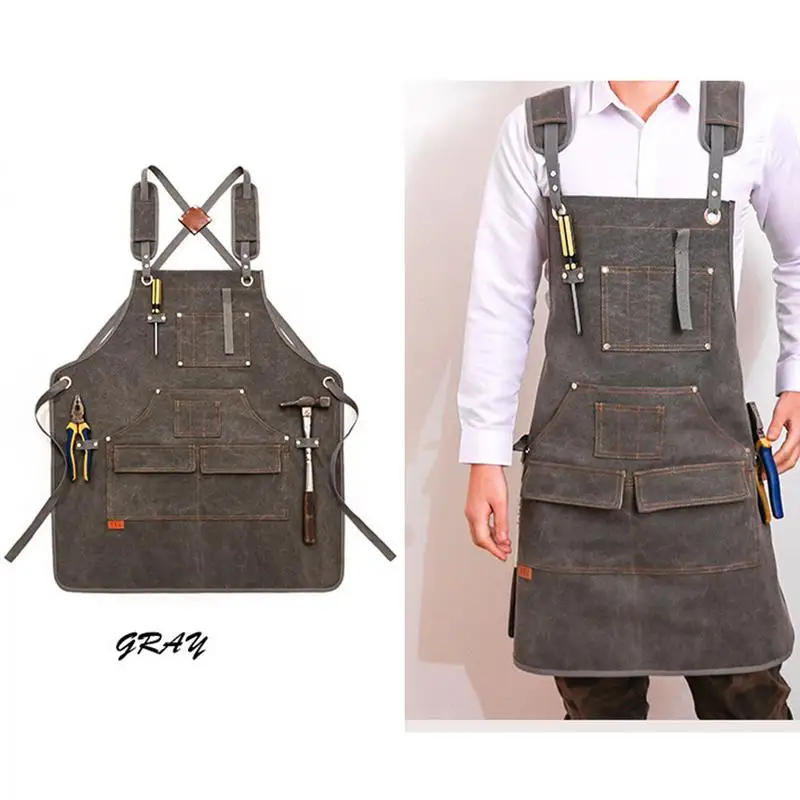 Apron With Pockets Gardening Aprons Canvas Work Aprons For Men Fully Adjustable Size Aprons With Cross Back Straps For Carpentry