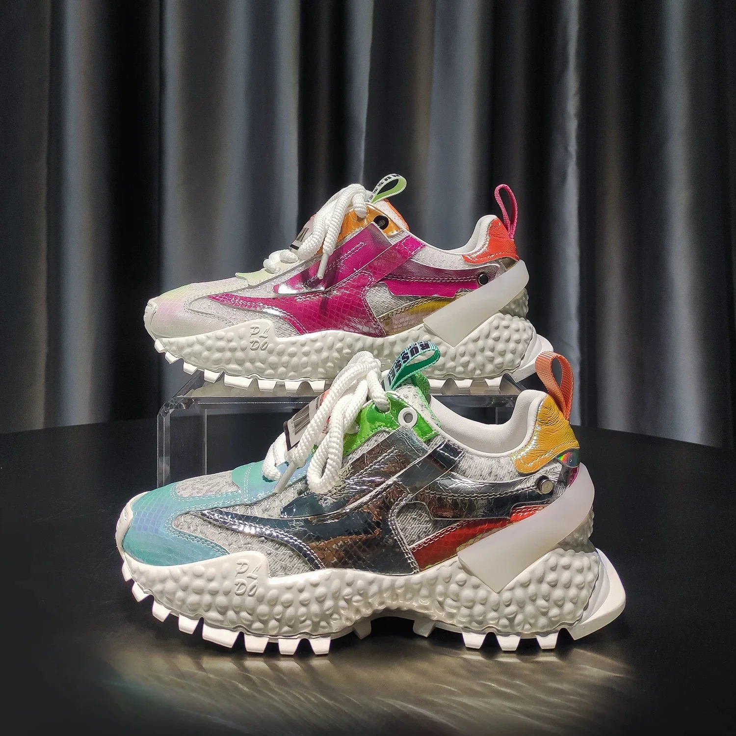 

Women Casual Beautiful Shoes Spring Chunky Sneakers Ladies Fashion Dad Shoes Thick Bottom Heels Real Leather Green Luxury Design