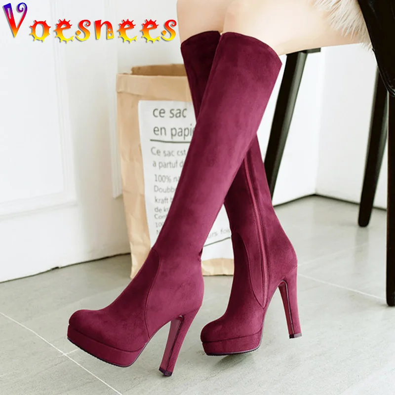 High Quality Suede Knee-High Long Boots Classic Short Plush Warm High Heels Side Zipper Autumn And Winter Fashion Women Shoes