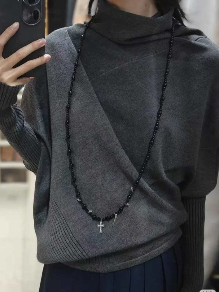 

Y2k лоскутные пуловеры с нерегулярными рукавами «летучая мышь», осень-зима, ленивые вязаные свитера Mujer, новинка 2025, облегающий топ для женщин