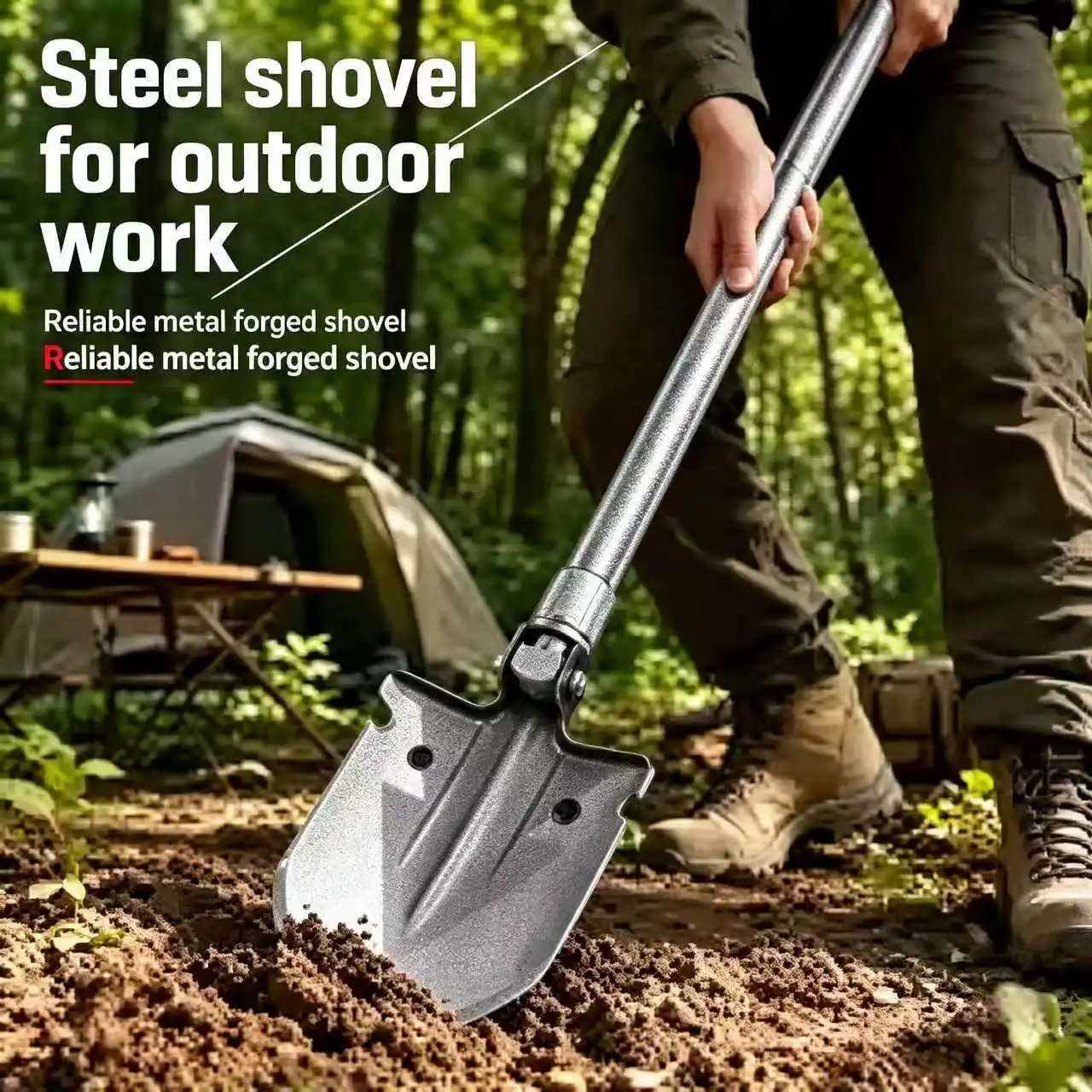 Carbon Steel Multi‑Function Folding Camping Shovel with Fire Starter Window Breaker Tool Kit Storage Pouch for Outdoor Survival