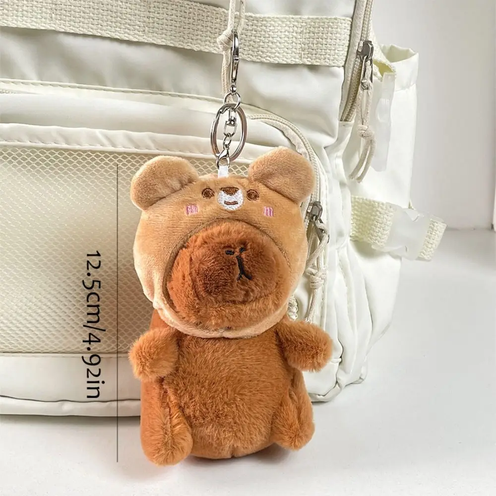 Fur Capybara Plush Keyring Kawaii Plush Stuffed Kapibara Plushies Pendant Fashion Cartoon Bear Hood Keychain Hanging Accessory