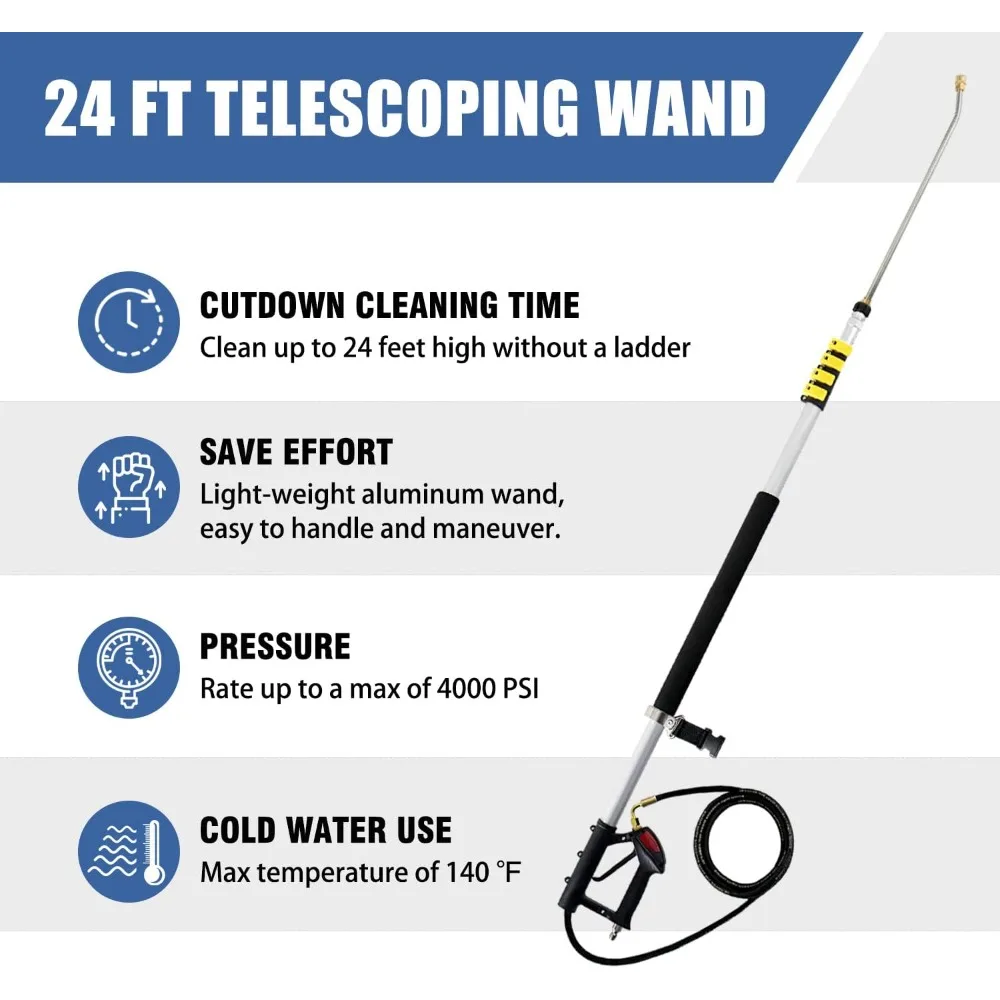 Janz 24 FT, Aluminum Telescoping Pressure Wand 2 Pressure Washer Extension Wands, 7 Spray Nozzle Tips, 2 Hose Inlet Adapters