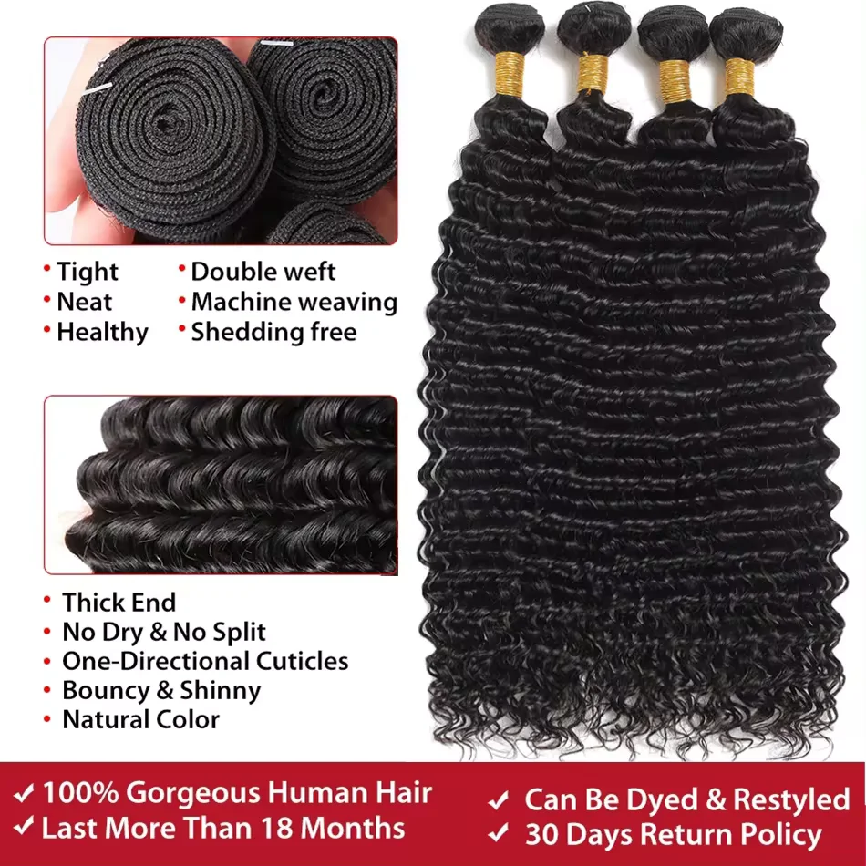 Tissage en Lot Malaisien 100% Naturel, Extensions de Cheveux Bouclés Vierges, Deep Wave, 30 Pouces, 1 3 4 Paquets