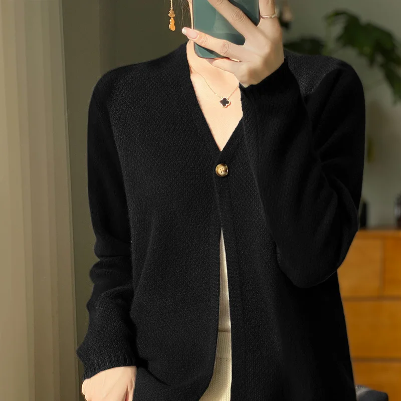 Women New Autumn Winter 100% Merino Wool Sweater V-neck One Button Cardigan Soft Knitwear Elegant Female Exquisite Clothing Tops