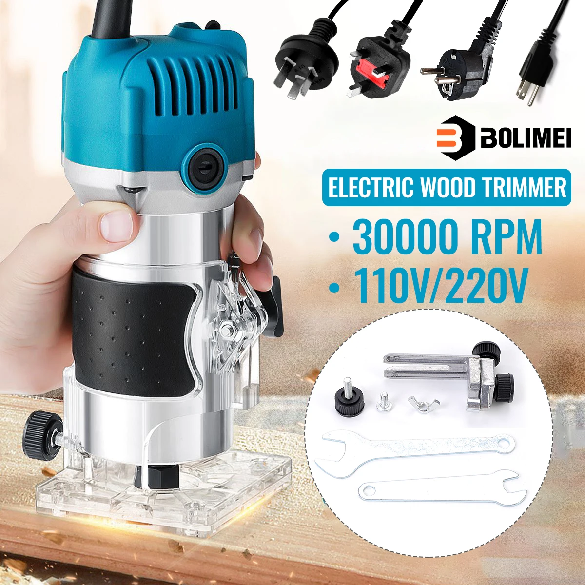 

BOLIMEI 220V 30000RPM Electric Trimmer Wood Milling Engraving Slotting Trimming Machine Hand Carving Machine Wood Router 800W