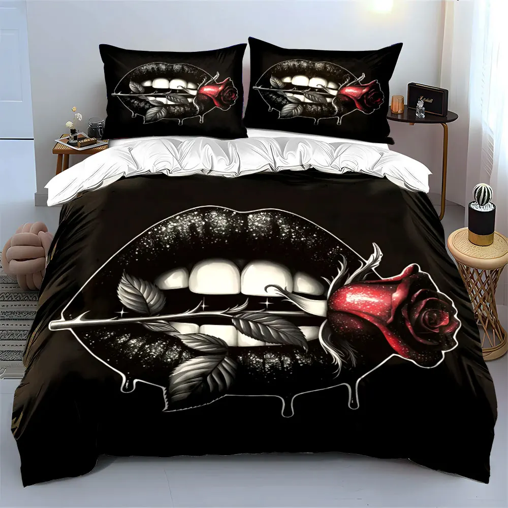 Black lips biting rose Dark Style Bedding Set for Kids Luxury Gift 3pcs Digital Print Comforter Set Soft Comfortable Breathable