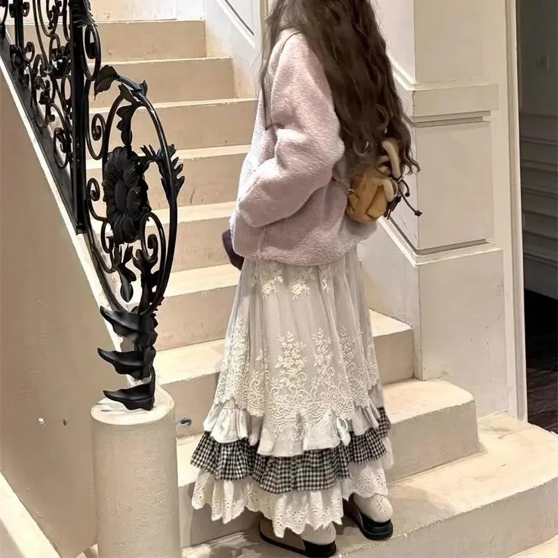 SALIENCY Japanese High Waist Loose Casual A-line Long Skirt Y2k Layered Skirt Vintage French Ruffled Pleated Skirt Female