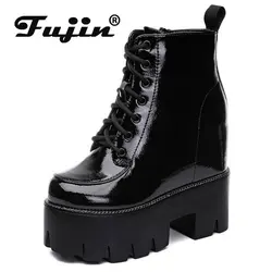 Fujin 13cm Patent Leather Super Thick Sole Chunky Heel Shoes Ankle Mid Calf Booties High Boots ZIP Lace Up Autumn Winter Plush