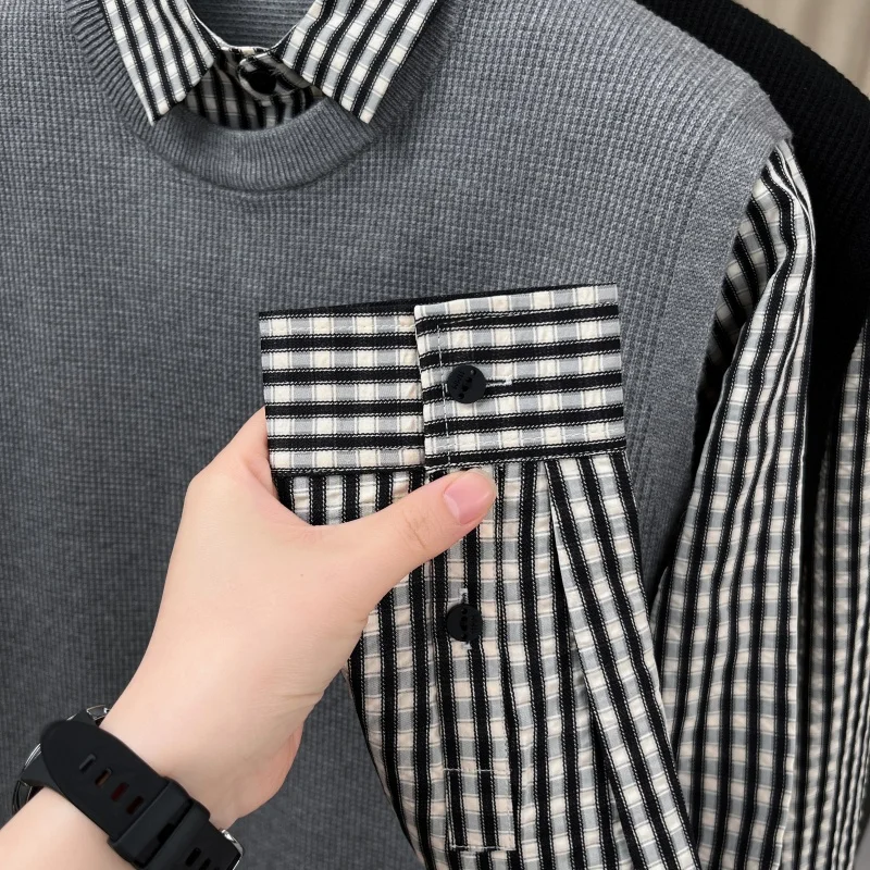 Luxury Men's Autumn Long Sleeves Knitting Fake Two-Piece Trend Brand Keep Warm Sweater Leisure Fashion Underwear Men's Clothing