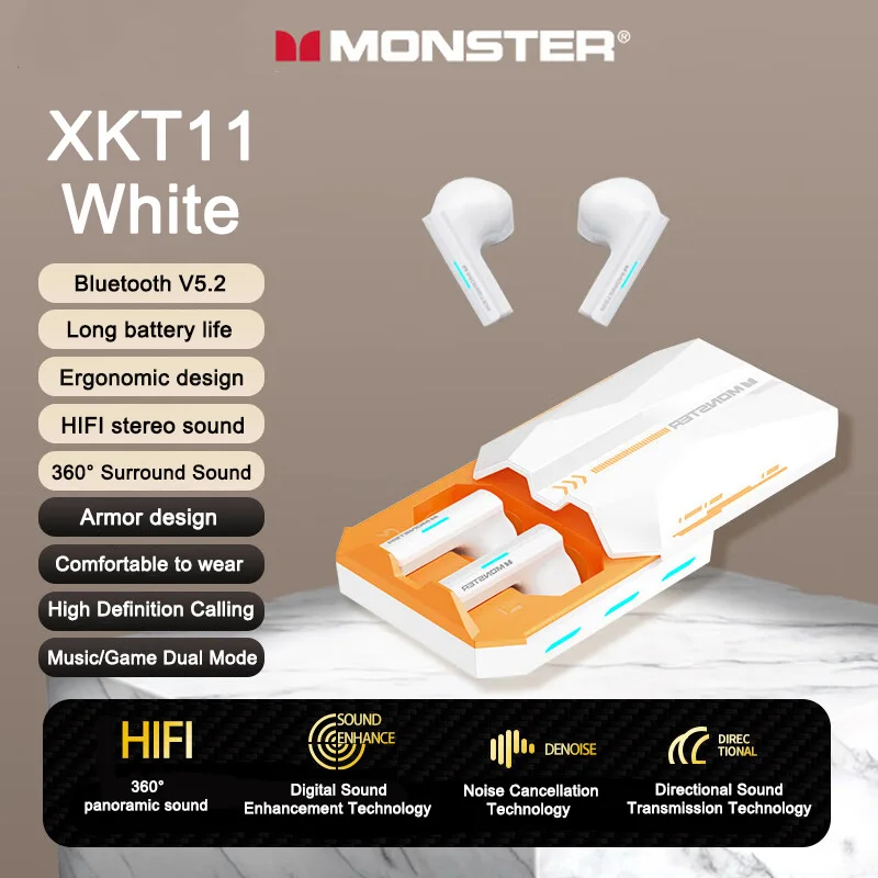 Игровые наушники Monster XKT11 5.2, беспроводные Bluetooth-наушники Ture TWS, наушники с низкой задержкой и шумоподавлением