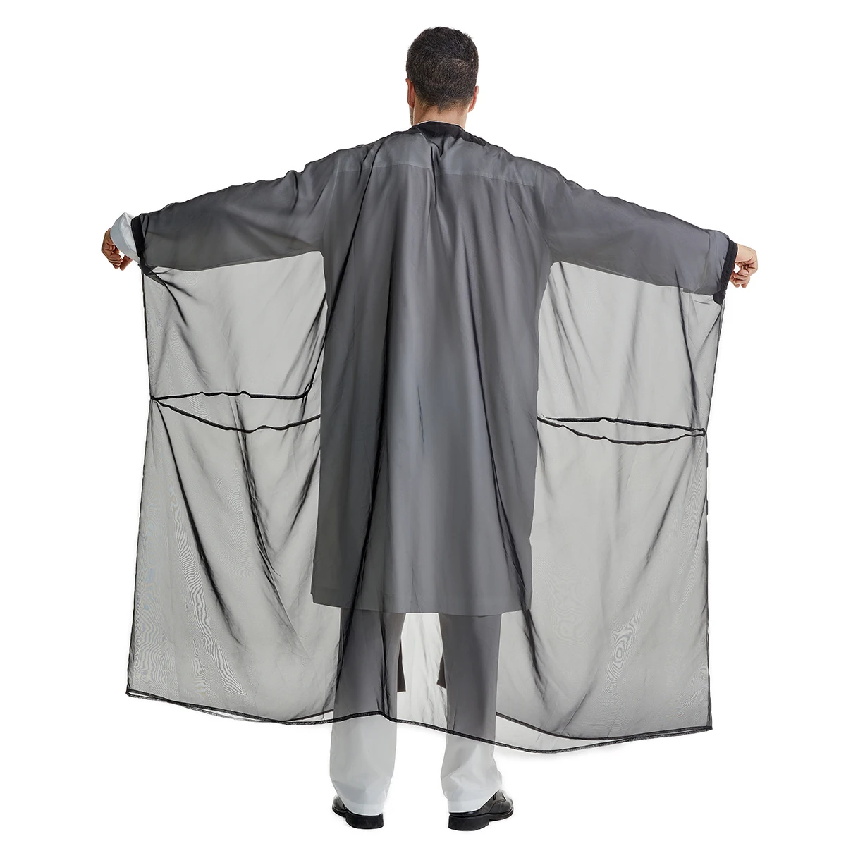 Muslim Men Long Sleeves Pure Color Silk Bisht Robe Arab Male Adult Ankle Length Thobe Ramadan Eid Clothes