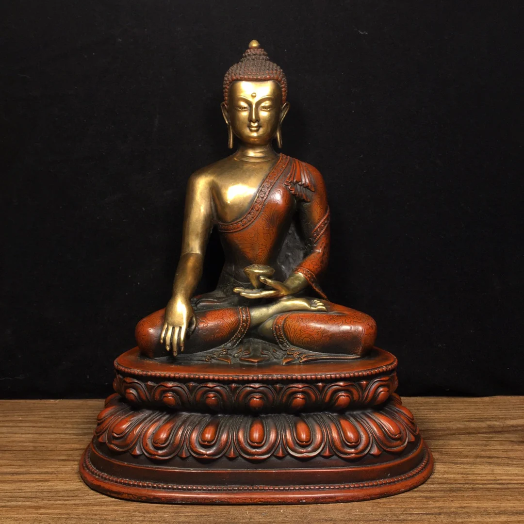 

9"Tibetan Temple Collection Old Bronze Gilded True Gold Cinnabar Shakyamuni Sitting Buddha Worship Hall Town house Exorcism