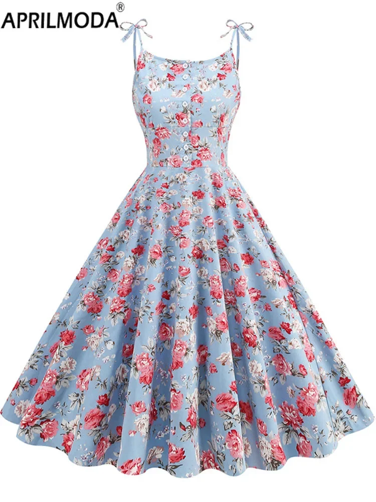 Sexy Party Short Cocktail Vintage Dress with Pocket Spaghetti Straps 2024 Bow Button Shirt Floral Print Hepburn Style 50s Dress