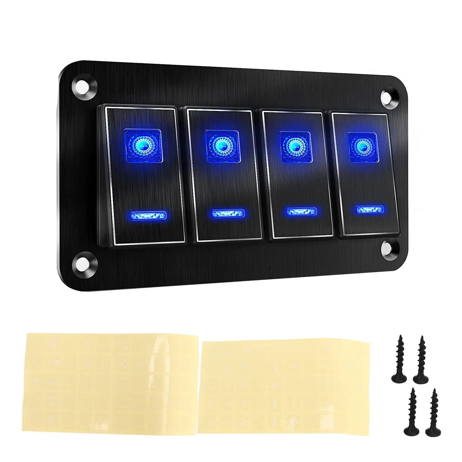 

4 Gang Rocker Switch Panel Aluminum Alloy 5 Pins Toggle Switch Panel 20A Rated Current Easy Installation Blue Backlight for rv