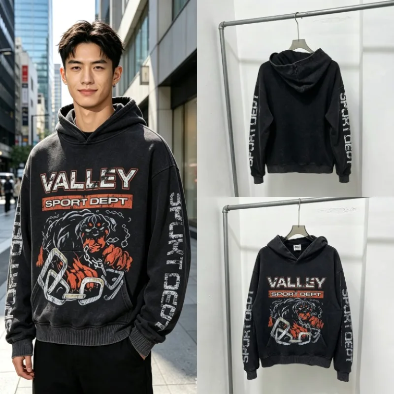 VALLEY Unisex Washed Hoodie Vintage Monster Chain VALLEY SPORT DEPT Graphic Long Sleeve Pullover Streetwear Hooded Sweatshirt