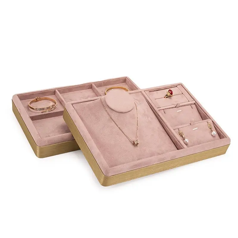 High Quality Tray for Jewelry Exhibitor Pink Velvet Tray with Metal Frame Ring Necklace Display Organizer