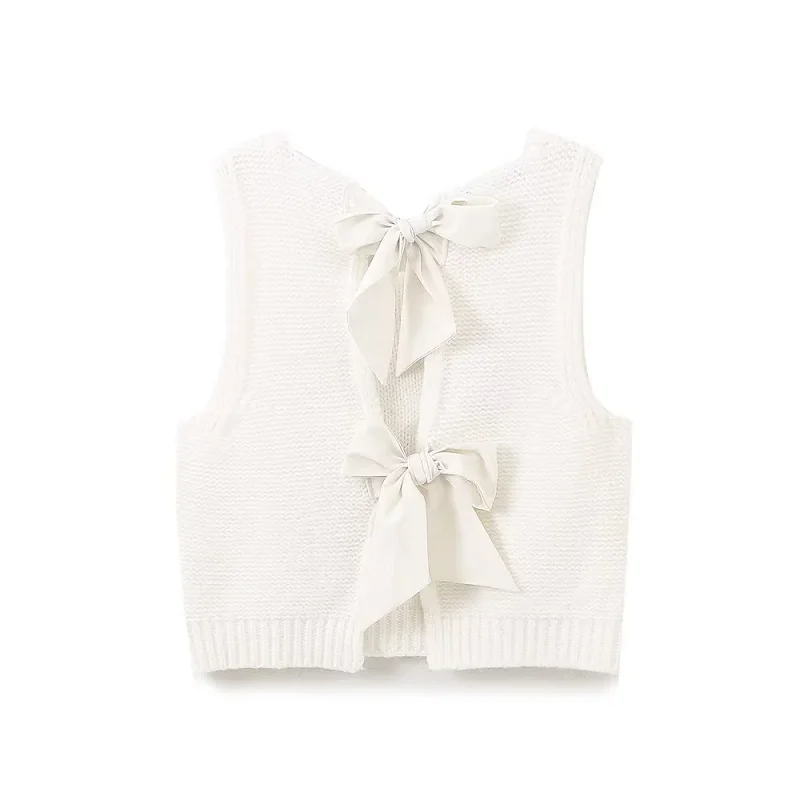 TRAF Red Cropped Sweater Vest Women 2024 Autumn Short Butterfly Lace-Up Knitted Cardigan Elegant Bow White Grey Black Waistcoat