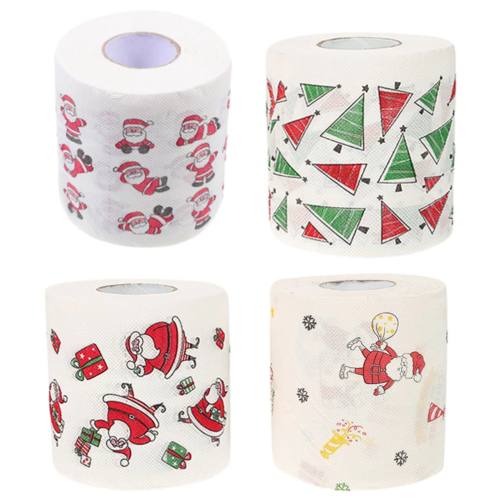 

4 Rolls Christmas Pattern Toilet Paper Lunch Napkin Printed Bath Tissues Dinner Xmas Decor Socks Decorate