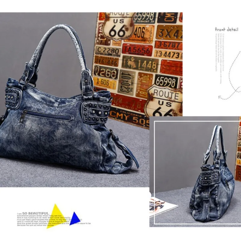 Retro Harajuku Denim Tote Bag  Women Studded Diamond Shoulder Bag Ladies Large Capacity Fashion Y2K Aesthetic Crossbody Bag 2025
