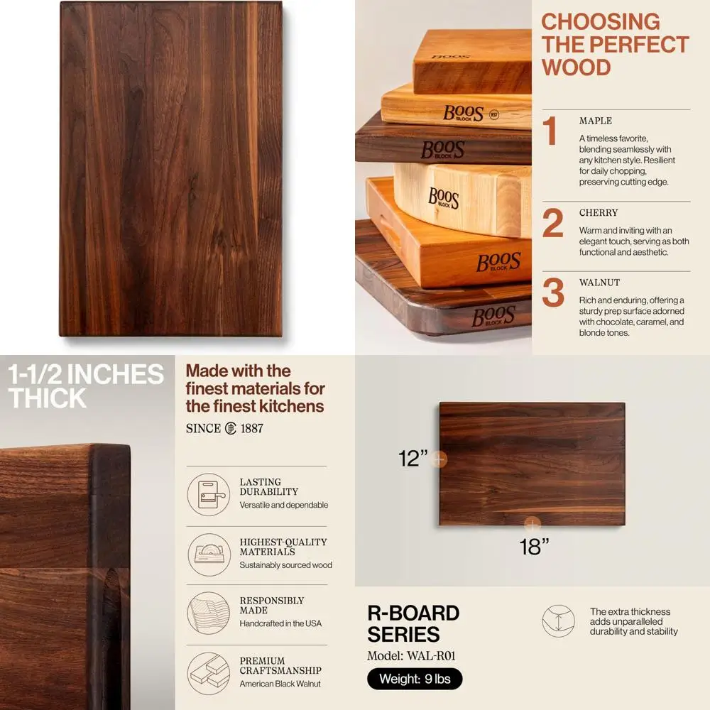 

Прямоугольная разделочная доска John Boos серии R из орехового дерева толщиной 18x12 дюймов, сверхмощный двусторонний мясной блок объемом 9 фунтов с зернистым краем