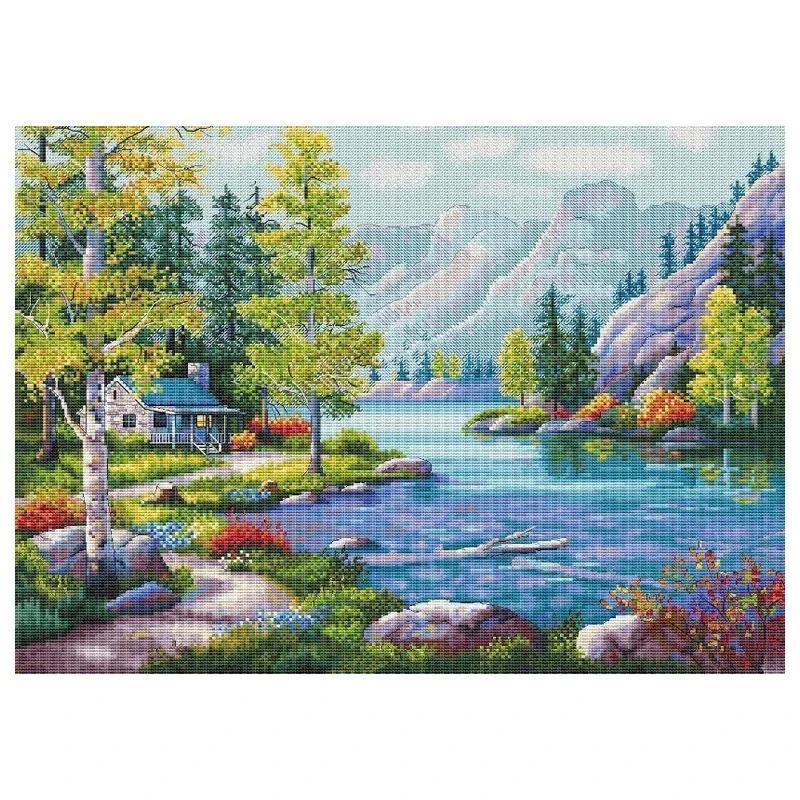 Mountain Idyll, Amishop-Counted Cross Stitch Kit, Forest Cabin, Mountain and Lake, Scenery, DIY Embroidery, Home Decorate