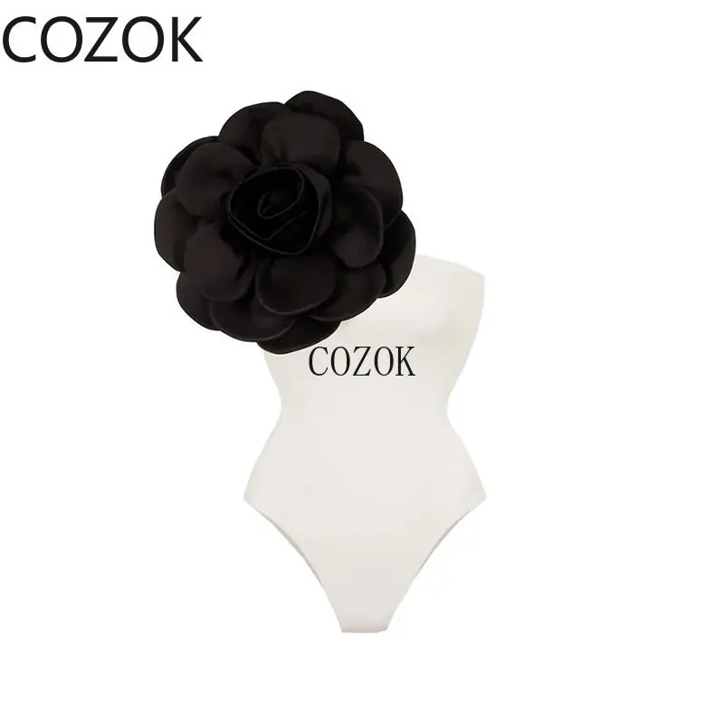 Women Swimsuit Simple Solid Color One-Piece with Cluster Decoration In Black/White on The Shoulders, Fashionable and Elegant