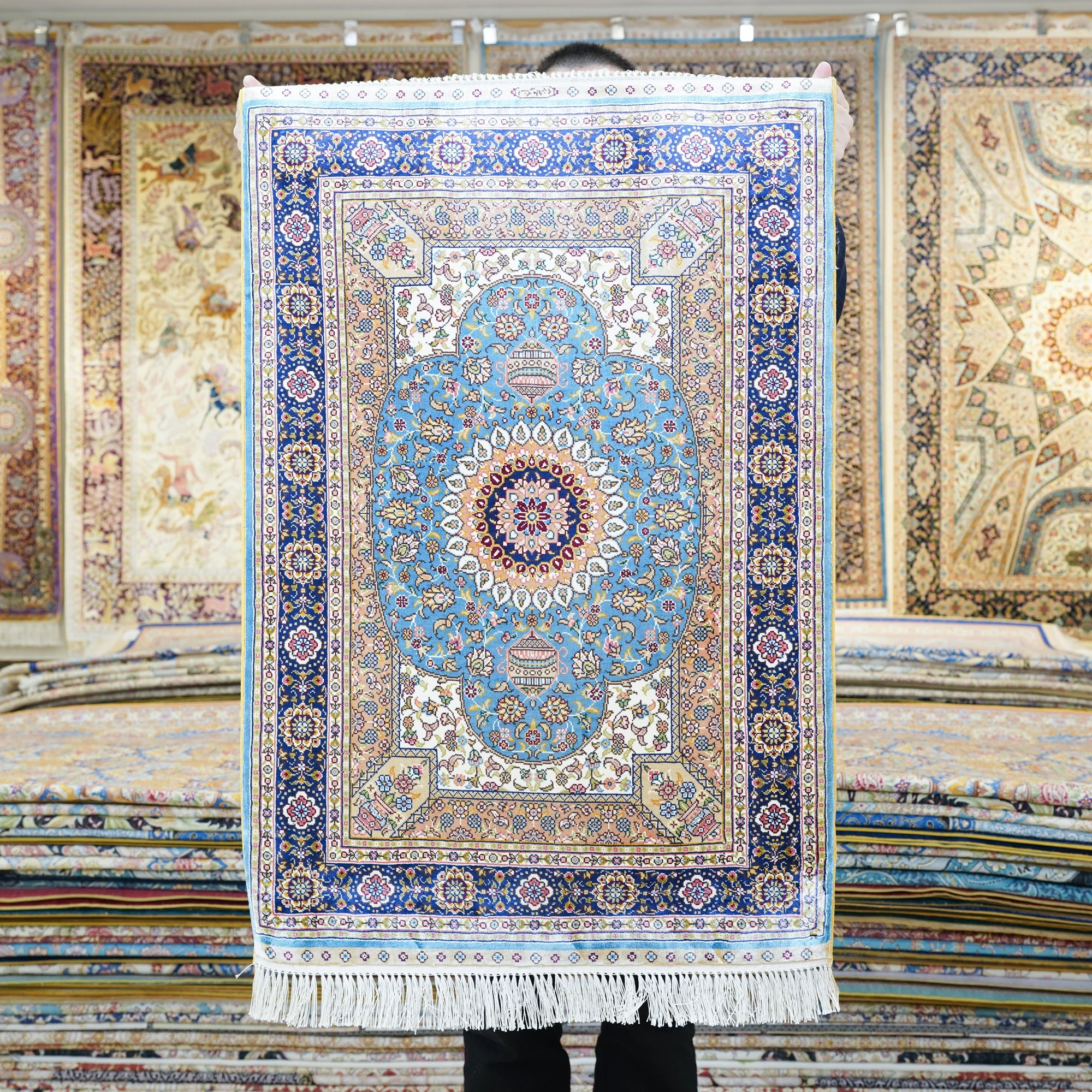 

61x91cm Pure Silk Handmade Carpets Persian Medallion Oriental Knotted Rug Small Luxury Tassel Carpet Living Bedroom Bathroom
