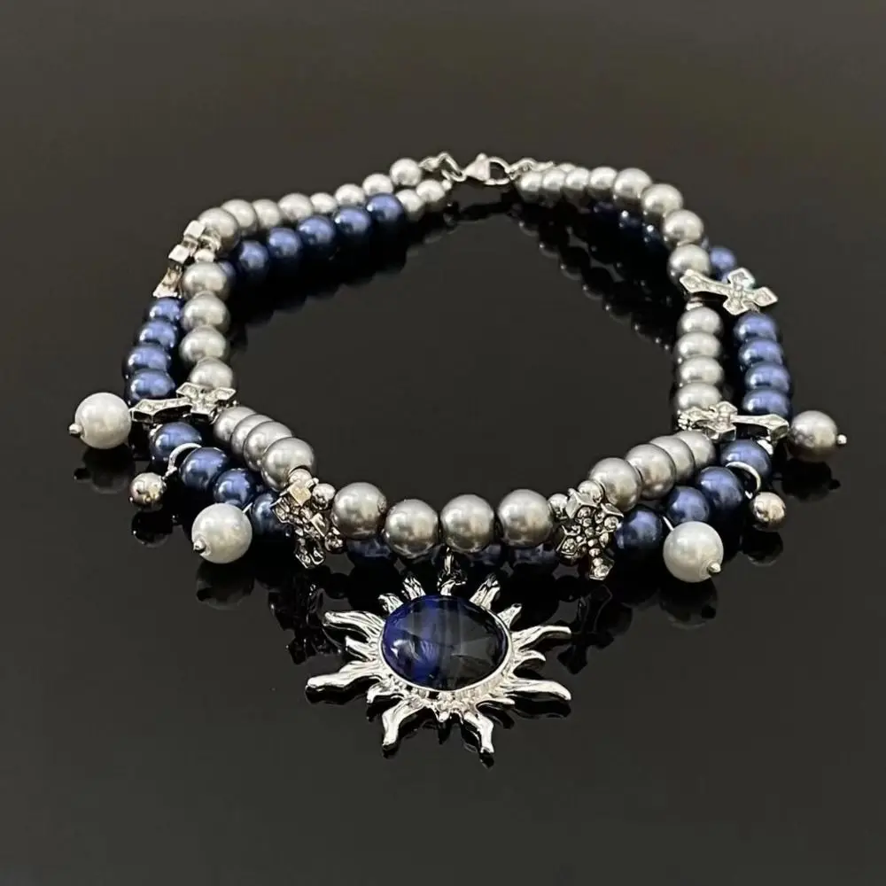 

Punk Y2K Pearl Beaded Necklace Cross Double Layer Grey Pearl Choker Rhinestone Neck Jewelry Sunflower Necklace Ladies