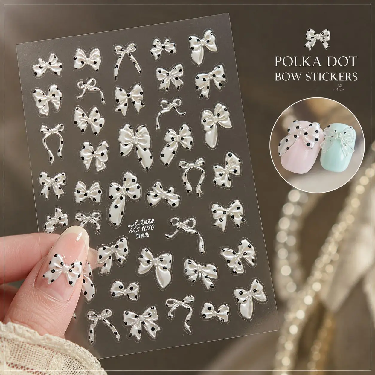 Exquisite Colorful Bow Nail Stickers With Black Polka Dot Design 3D Self Adhesive Nail art Accessories Suitable for DIYNail Art