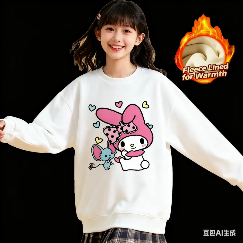 

2025 Sanrio Series Printed Crew Neck Long-Sleeve Top, Cute and Warm Fleece-Lined Crew Neck Long-Sleeve T-Shirt, 100% Cotton