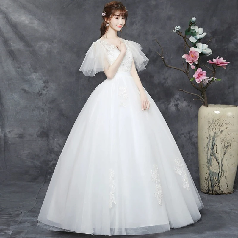 AnXin SH princess white flower lace v neck illusion short sleeve ball gown lace up party bride simple customized wedding dress