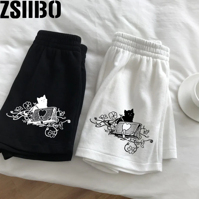 Cat Treasure Print Y2k Loose Women's Shorts High Waist Star Fun Kitten Print Summer Harajuku Fashion Sports Sweatpants Beach Y2K