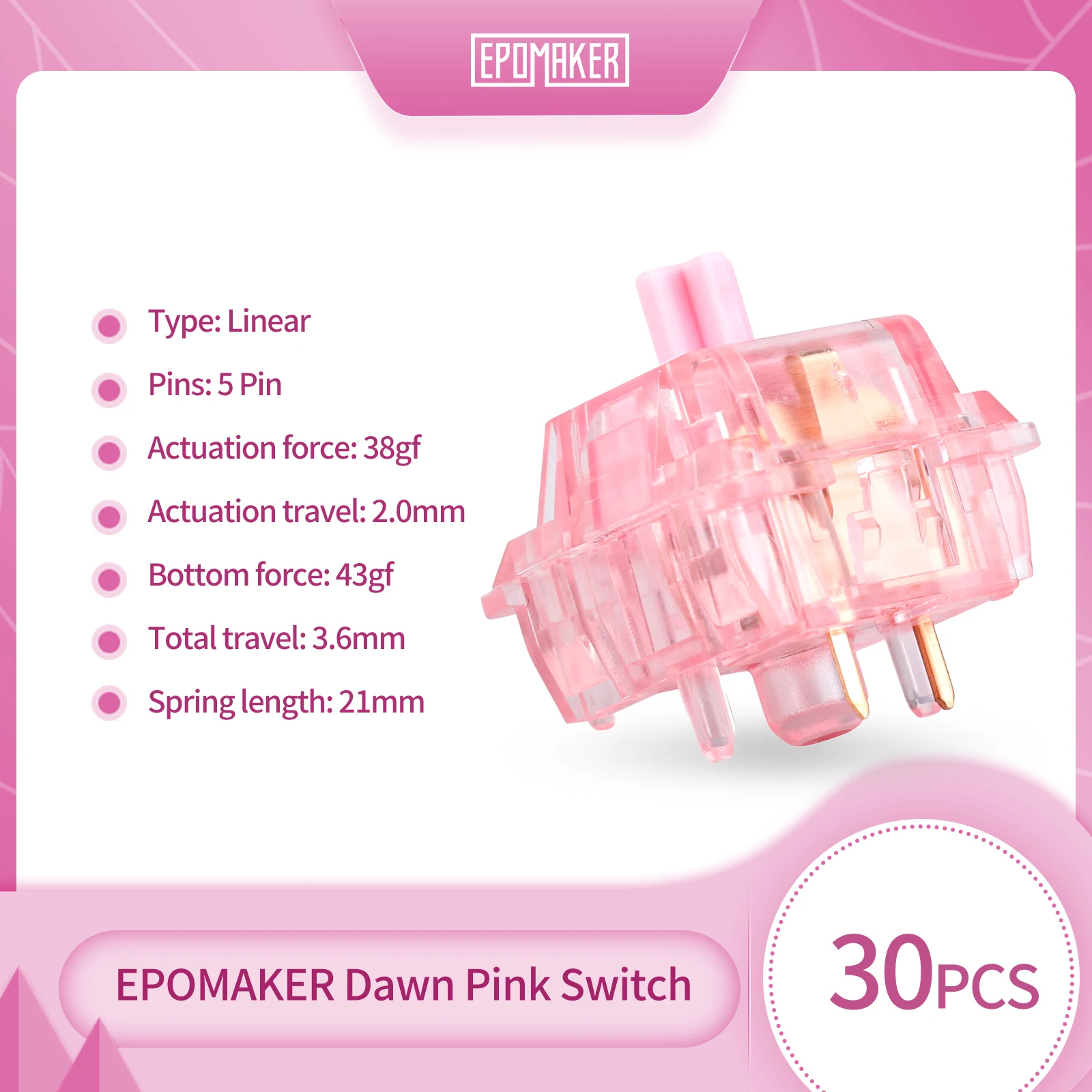 

30 Pieces EPOMAKER Dawn Pink 38gf Linear 3 Pins Mechanical Keyboard Switch Set with POM Stem for Gaming DIY Keyboard